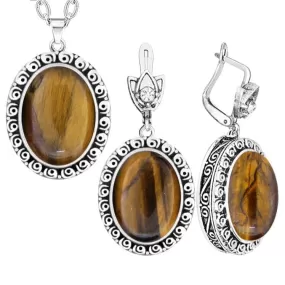 Oval Natural Tiger Eye Snail Flower Jewelry Set