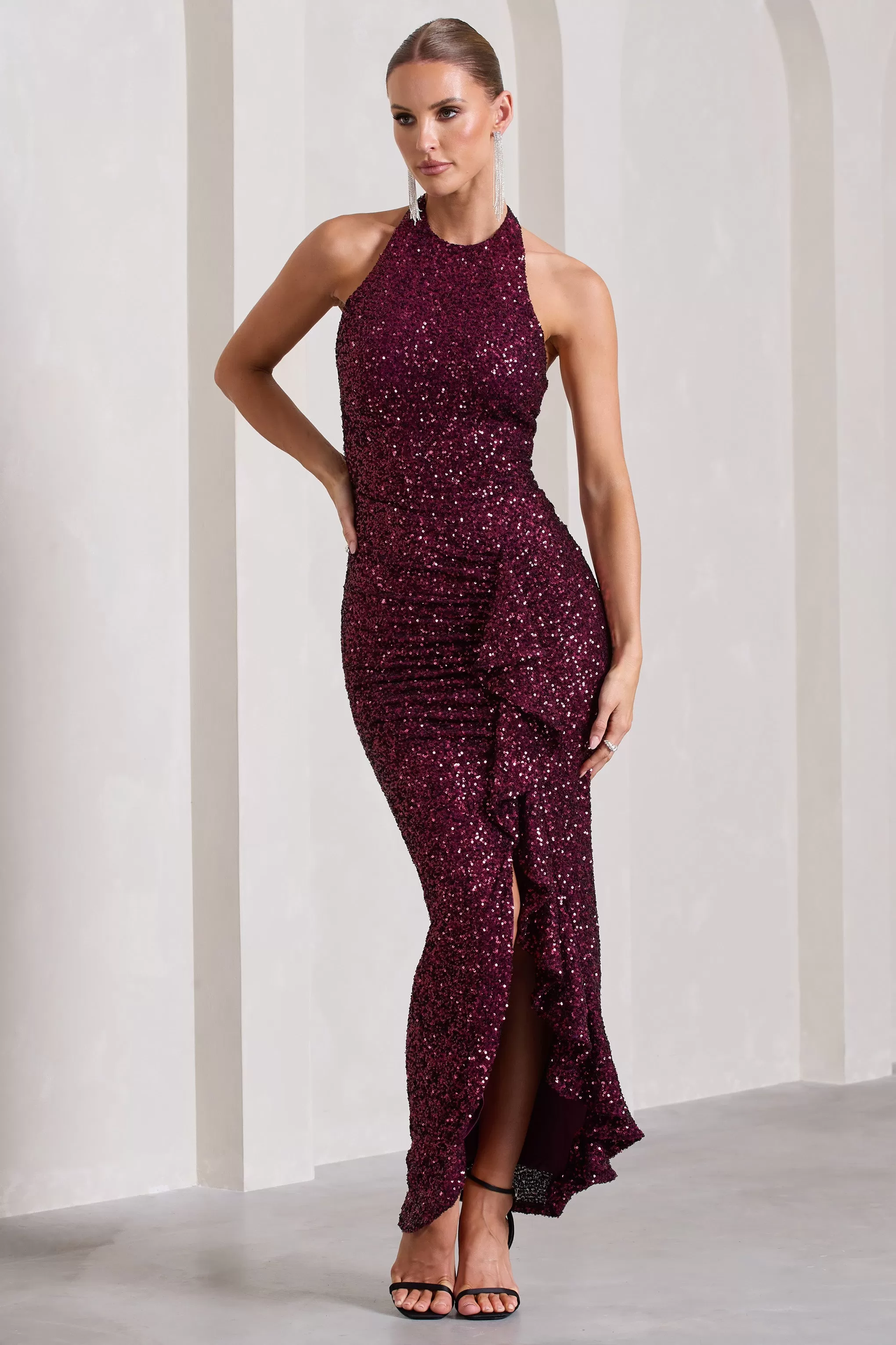 Under The Stars | Plum Sequin High-Neck Open-Back Maxi Dress With Drape