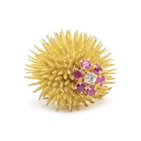 Vintage Tiffany & Co. 18K Yellow Gold Diamond Ruby Sea Urchin Brooch